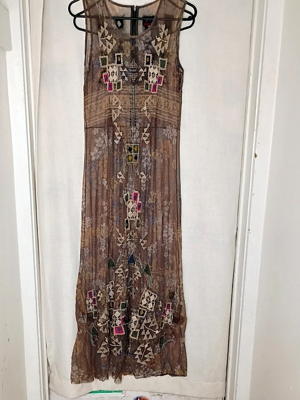Johnny Was Embroidered Geometric Maxi Dress in Brown & Pink Like New